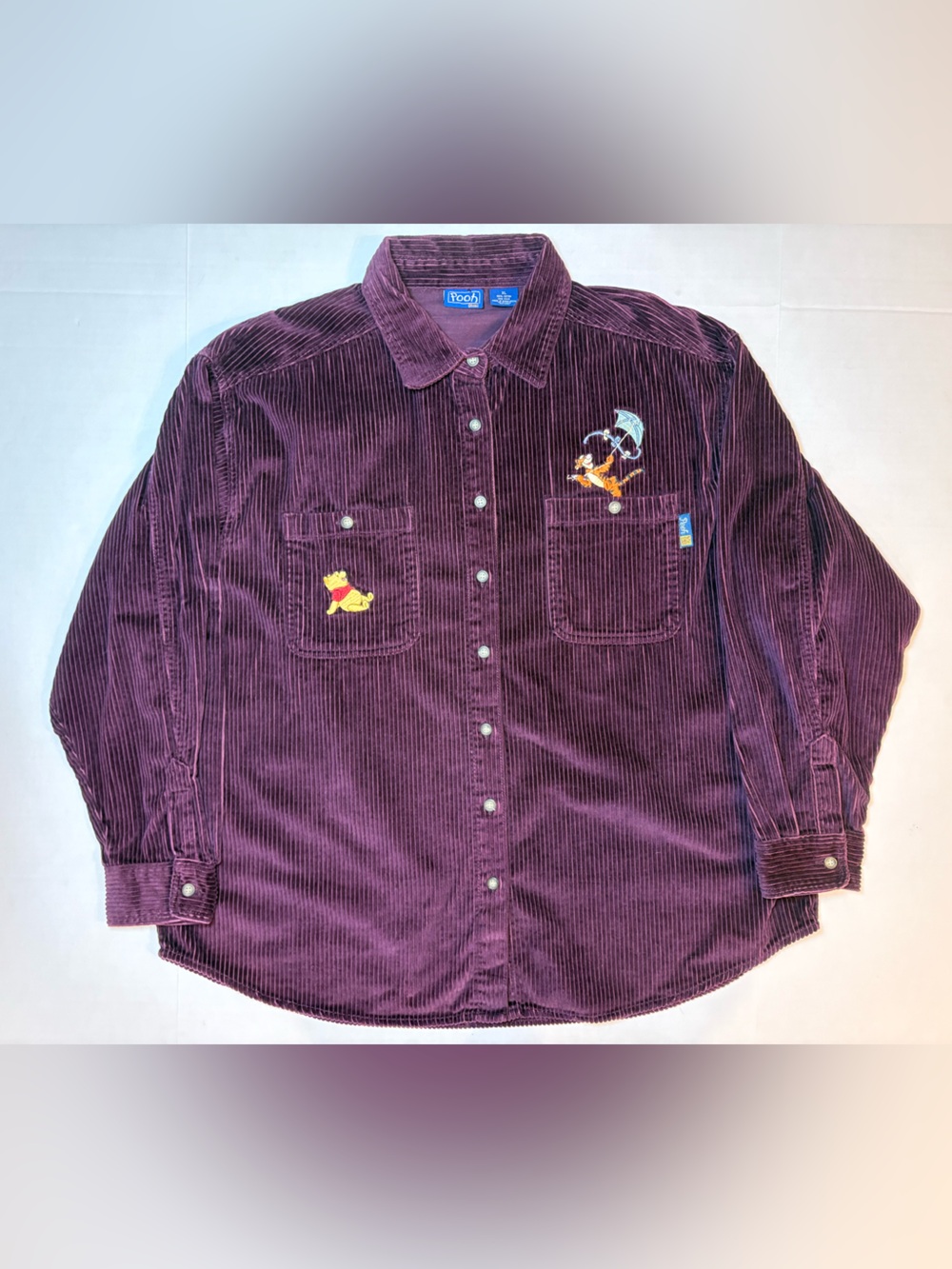 Disney VTG Winnie The Pooh Tigger Burgandy 100% Cotton Corduroy Shirt Size XL